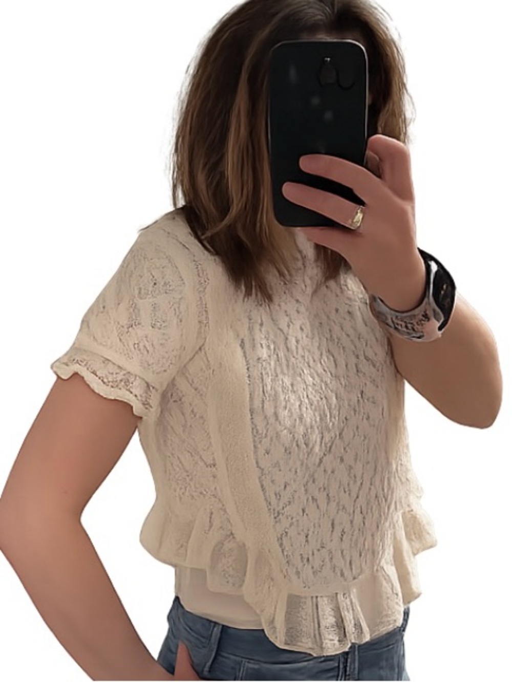 Lace-Detail Cream Short-Sleeve Women's top